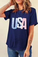 USA Letter Round Neck T-Shirt OutfitFlow