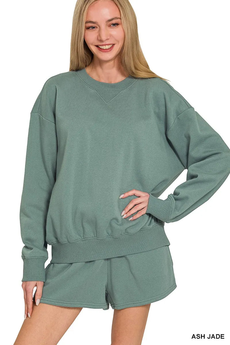 Zenana Fleece Long Sleeve Sweatshirts & Shorts Set ASH JADE Trendsi