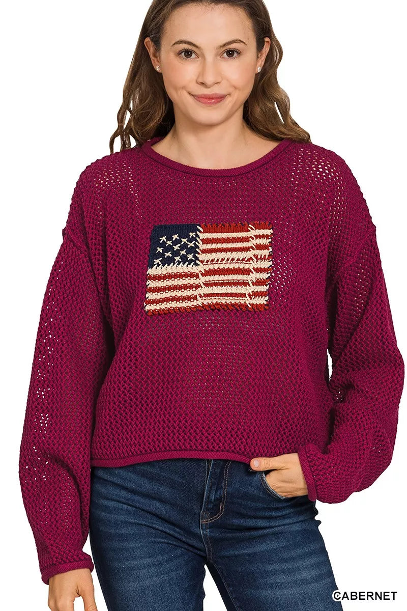 Zenana American Flag Crew Neck Sweater OutfitFlow