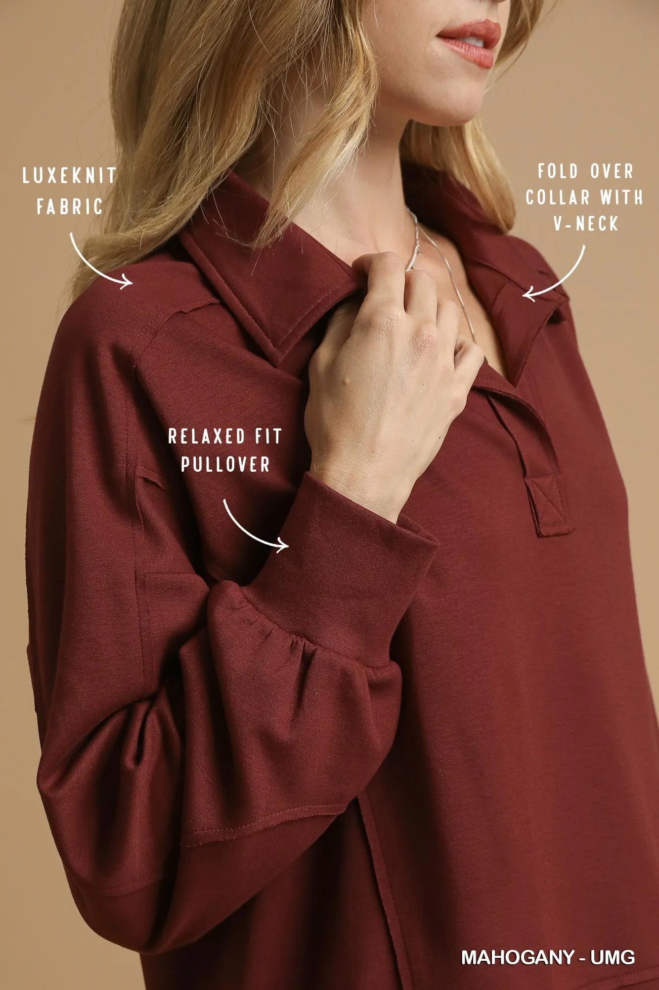 Umgee Exposed Seam Long Sleeve Polo Top with Side Slit OutfitFlow