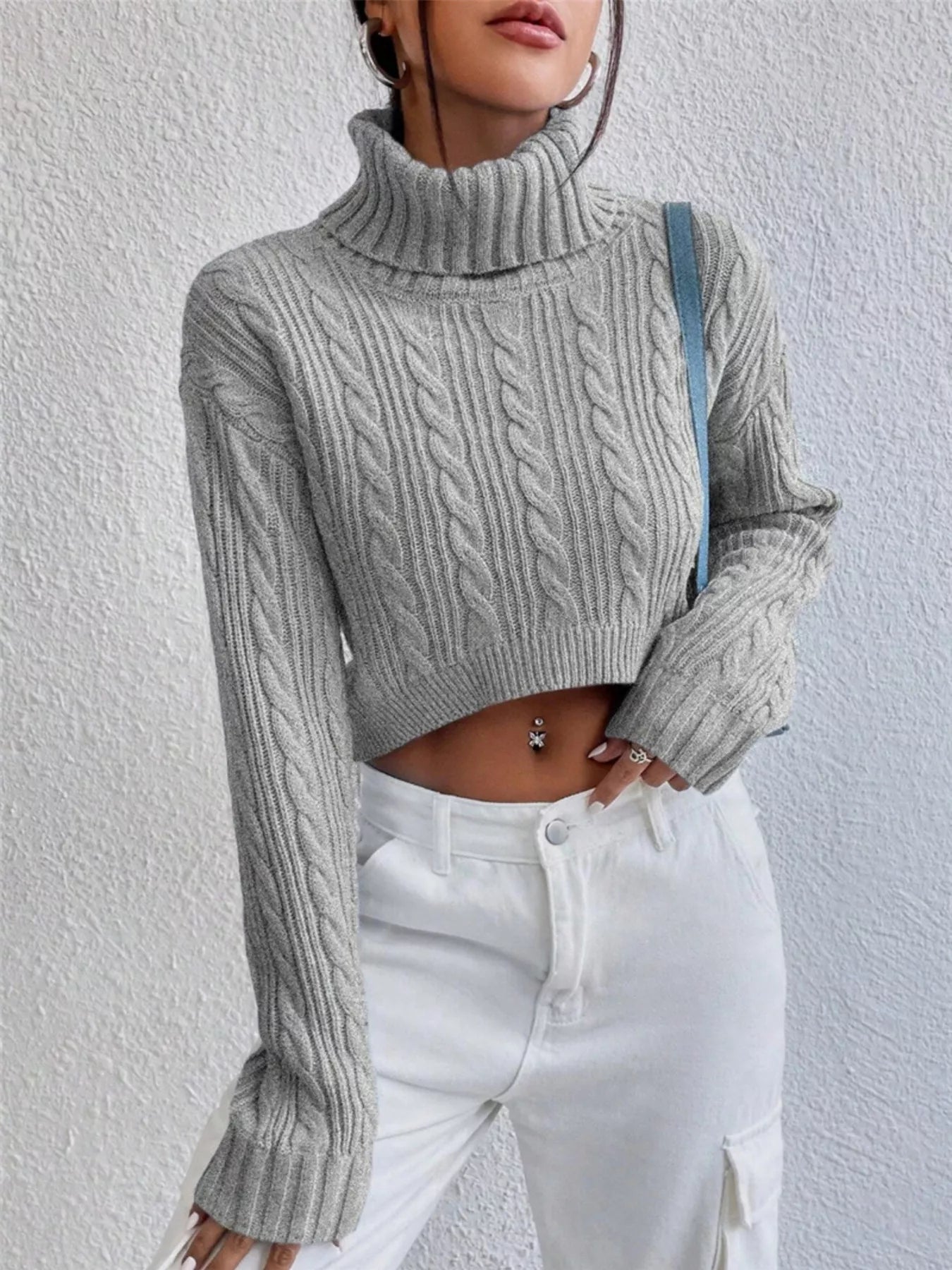 Cable-Knit Turtleneck Long Sleeve Sweater OutfitFlow