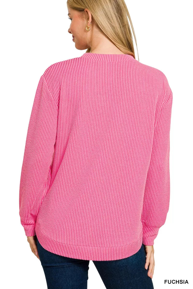Zenana Full Size Raised Rib Round Neck Long Sleeve Top Plus Size OutfitFlow
