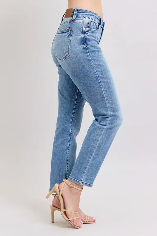 Judy Blue Full Size Mid Rise Vintage Wash Slim Jeans with Cell Phone Pocket Plus Size OutfitFlow