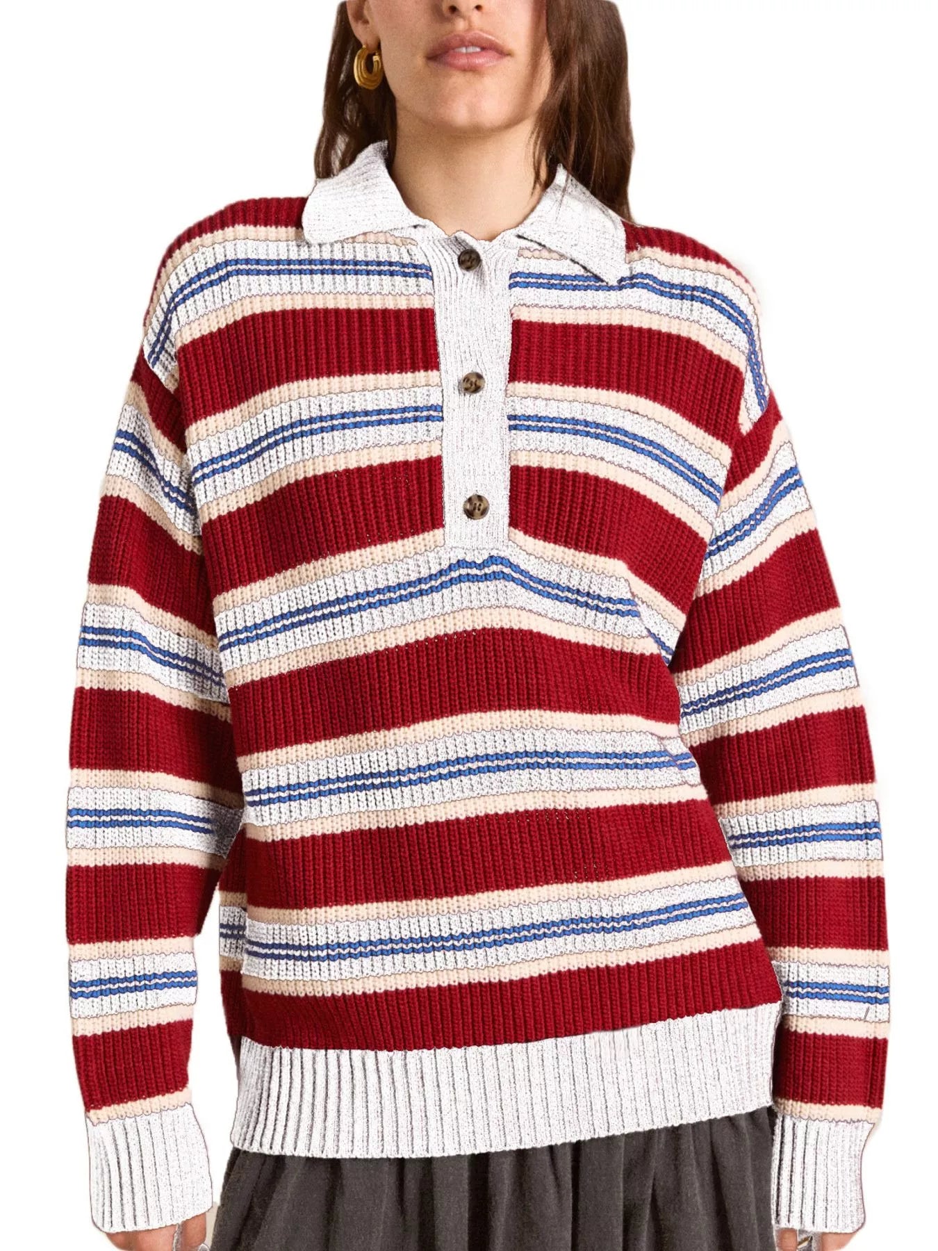 Striped Button Detail Polo Collar Sweater Gray white OutfitFlow