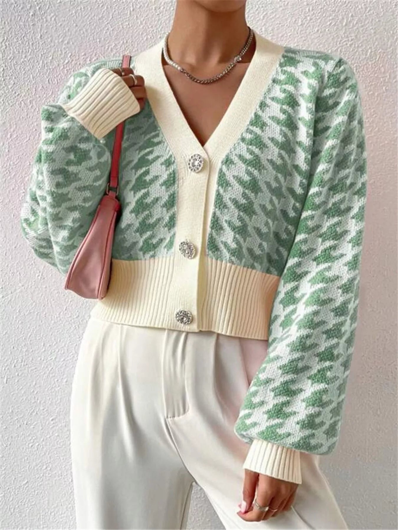Houndstooth V-Neck Button Up Cardigan OutfitFlow