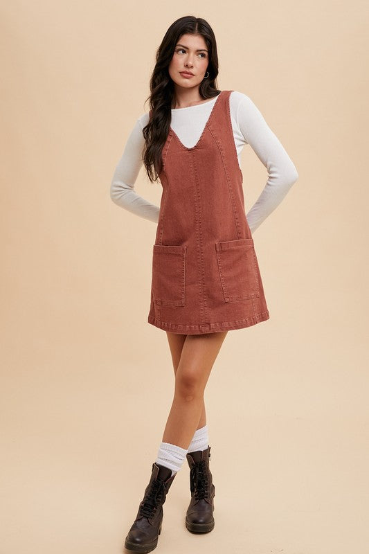 Annie Wear V-Neck Adjustable Strap Denim Overall Dress with Pockets