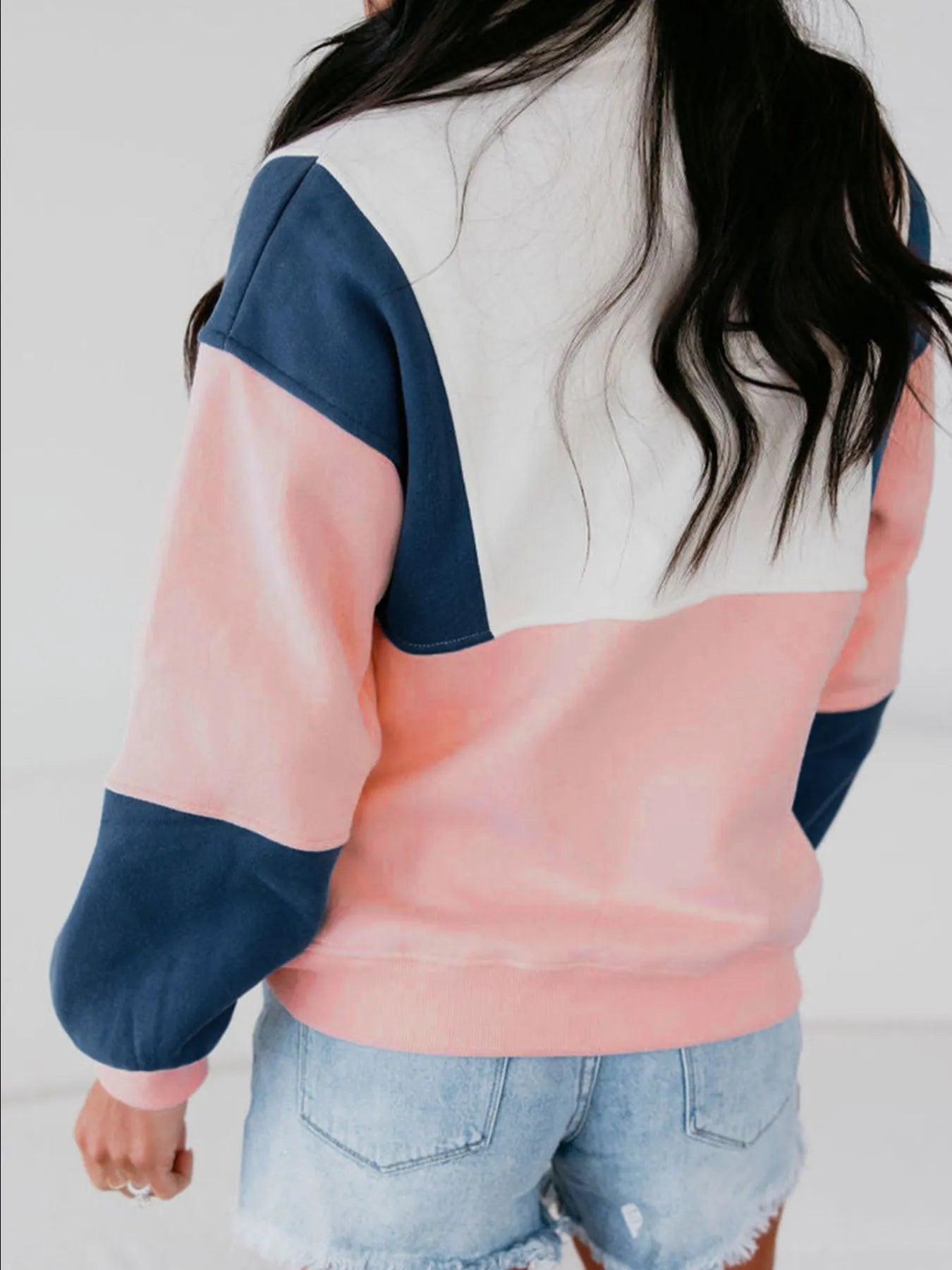 Colorblock Patchwork Half Button Baggy Sweatshirt OutfitFlow