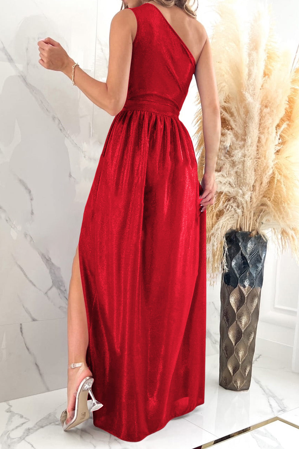 One Shoulder Slit Ruched Maxi Dress OutfitFlow