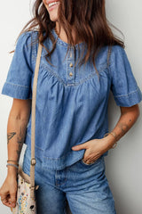 Pleated Detail Half Button Short Sleeve Denim Top Trendsi