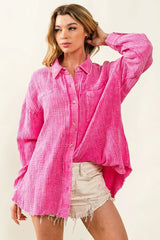 BiBi Raw Edge Detailed Mineral Washed Loose Fit Shirt OutfitFlow