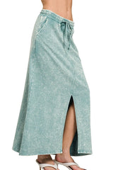 Zenana French Terry Acid Washed Front Slit Long Skirts OutfitFlow
