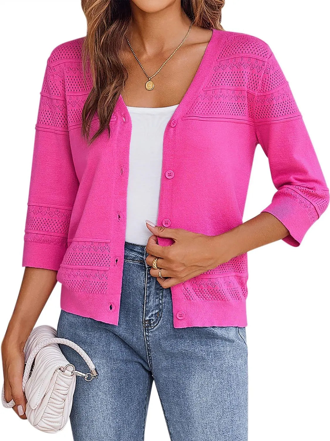 Button Up 3/4 Sleeve Cardigan Fuchsia Pink OutfitFlow