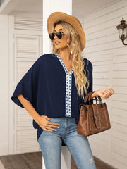 Printed Trim V-Neck Batwing Sleeve Blouse Navy OutfitFlow