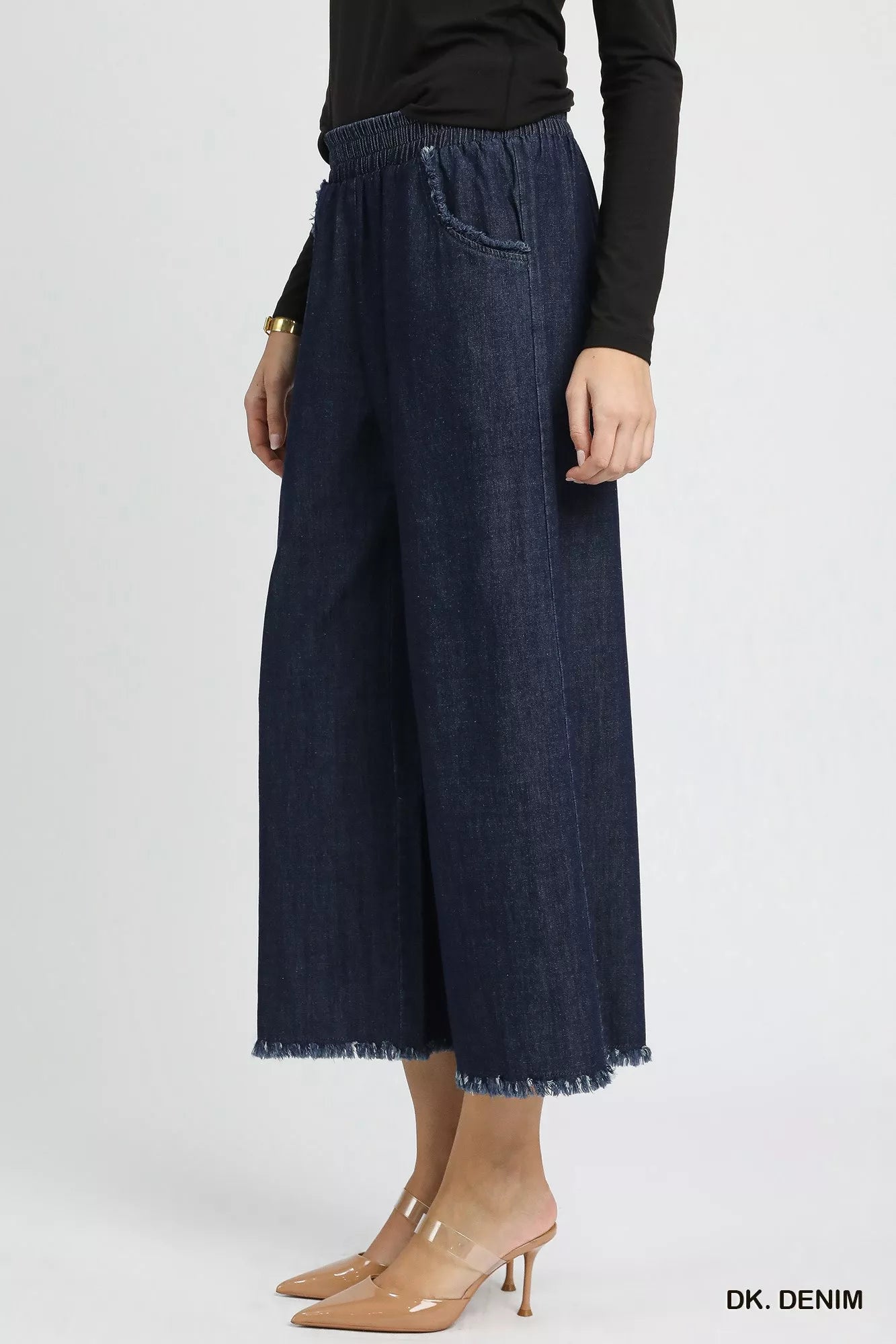 Umgee Washed Fringe Hem Wide Leg Jeans OutfitFlow