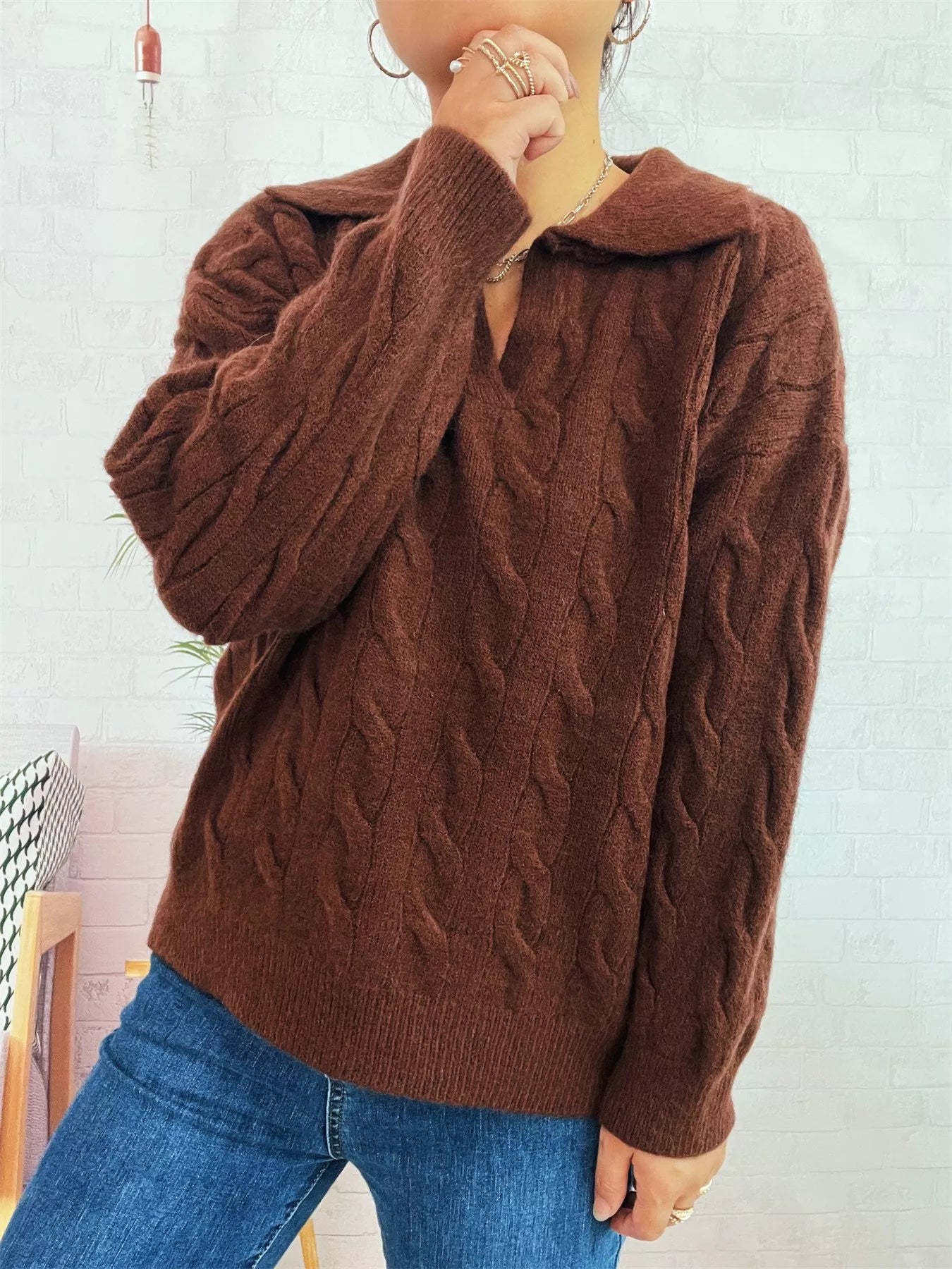 Cable Knit Johnny Collar Sweater Trendsi