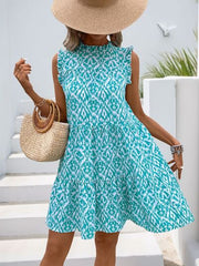 Perfee Printed Frill Sleeveless Mini Dress OutfitFlow