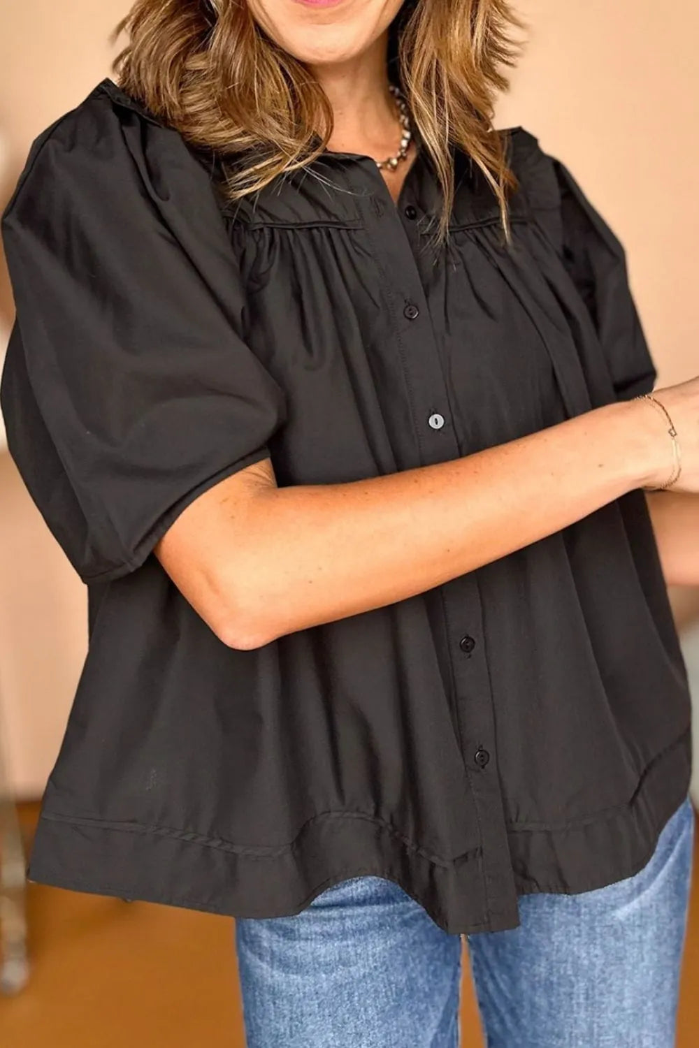 Puff Sleeve Button Down Shirt OutfitFlow