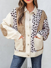 Leopard Waffle Quilted Patchwork Button Front Jacket Camel OutfitFlow