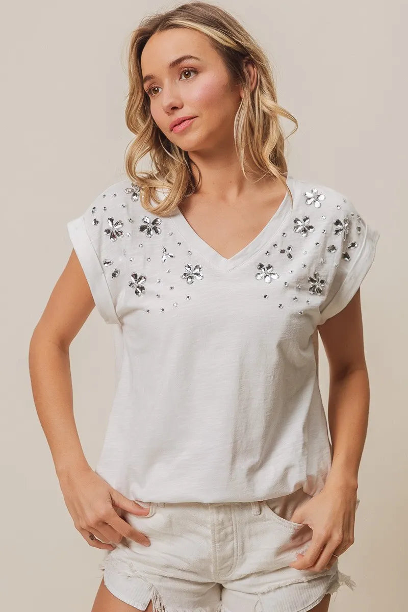 BiBi Slub Jersey Rhinestone V Neck Top OutfitFlow