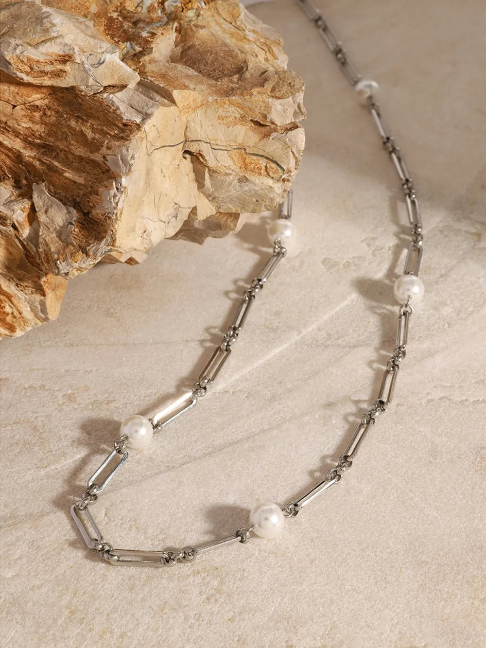 Stainless Steel Pearl Chain Necklace OutfitFlow