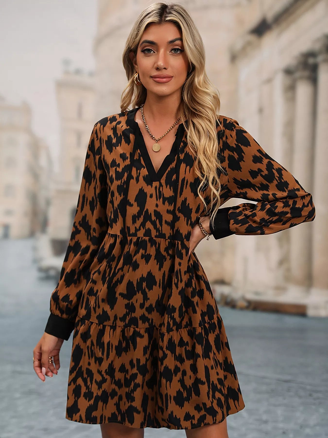 Leopard Tie Neck Long Sleeve Dress OutfitFlow