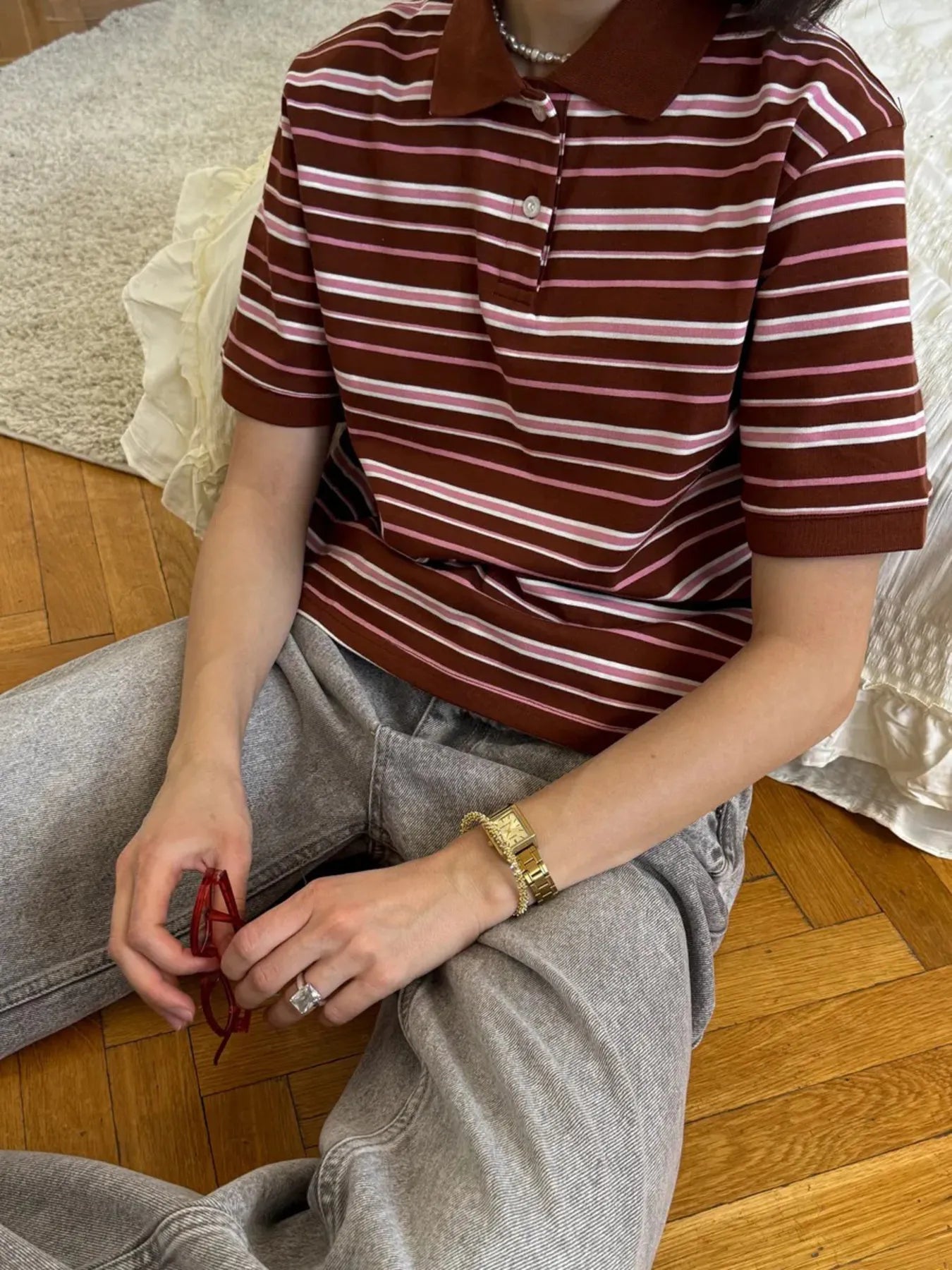 Striped Polo T-Shirt with Contrast Collar Coffee Color OutfitFlow