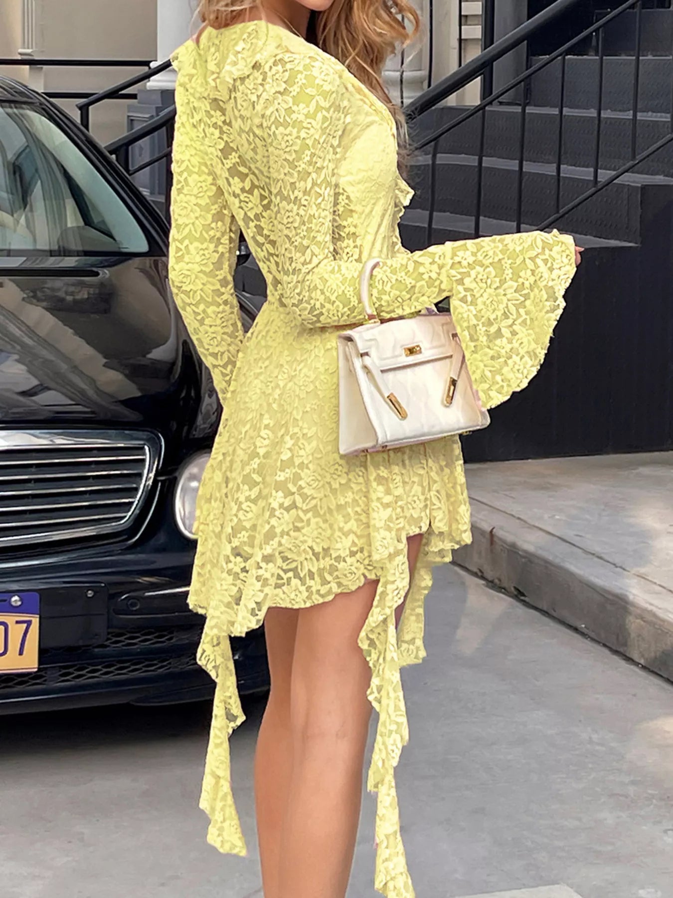 Lace Ruffle Tie Front Mini Dress Trendsi