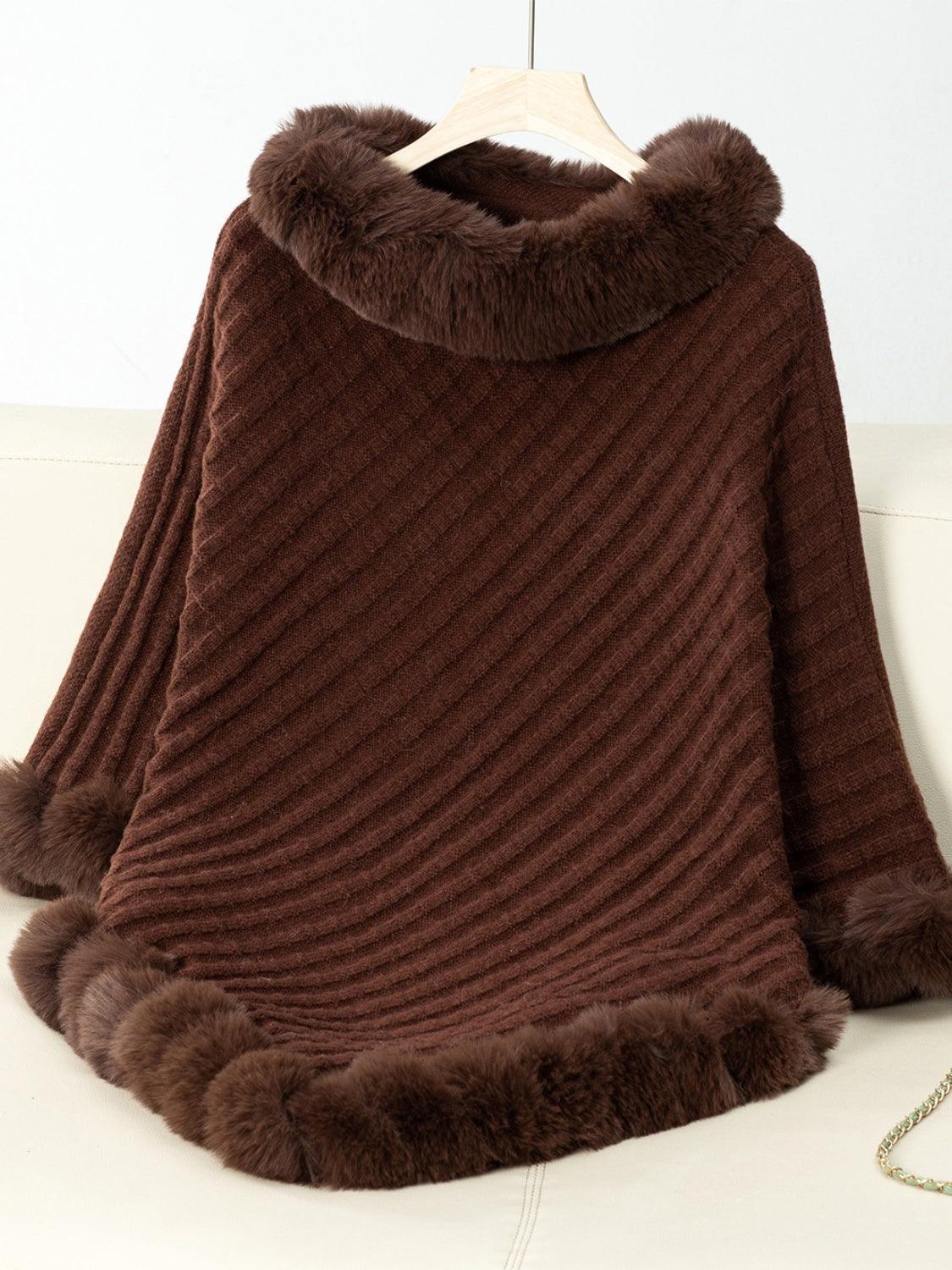 Outfit Flow - Fuzzy Trim Texture Three-Quarter Sleeve Poncho