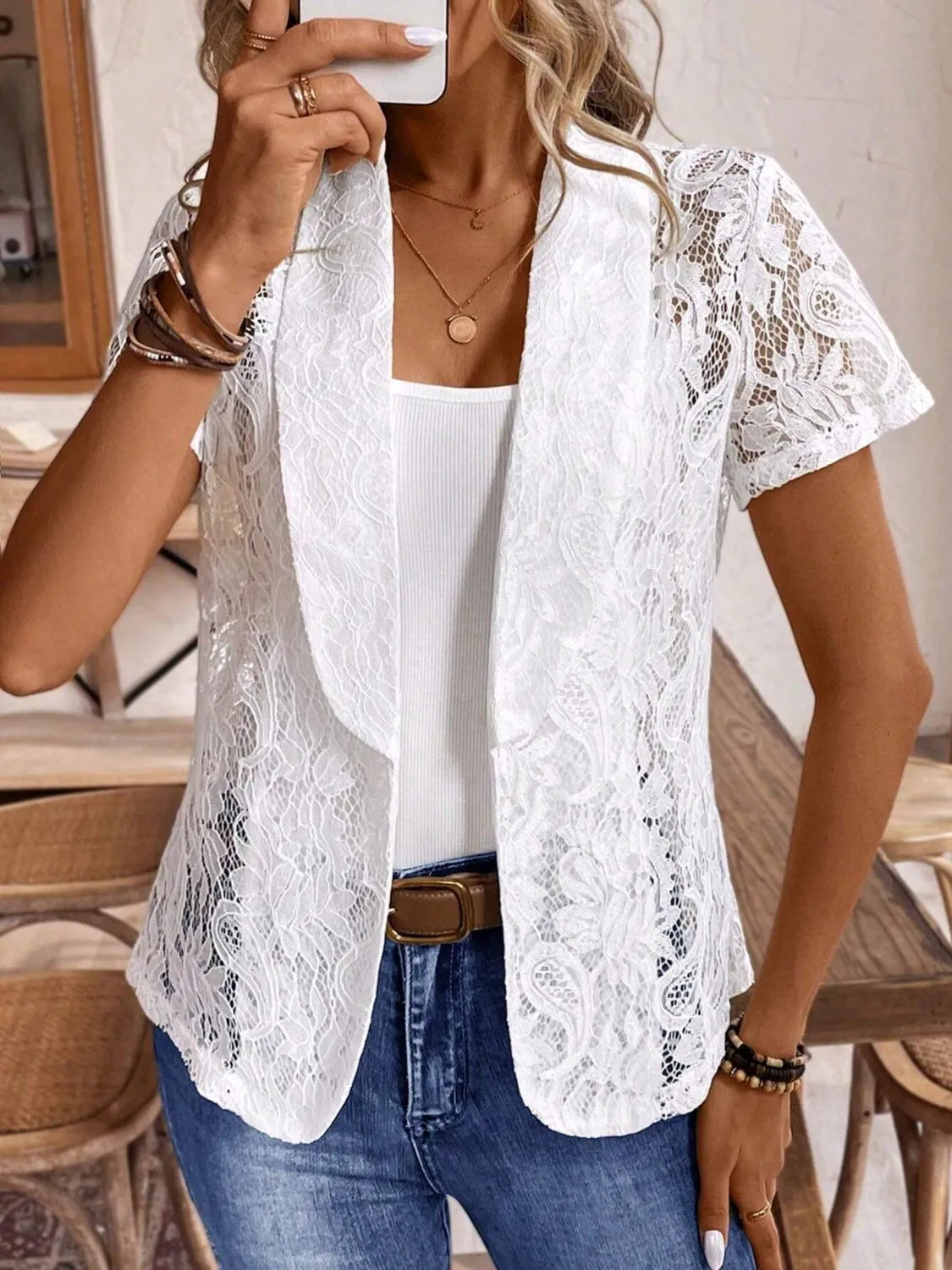 Lapel Collar Lace Blazer OutfitFlow