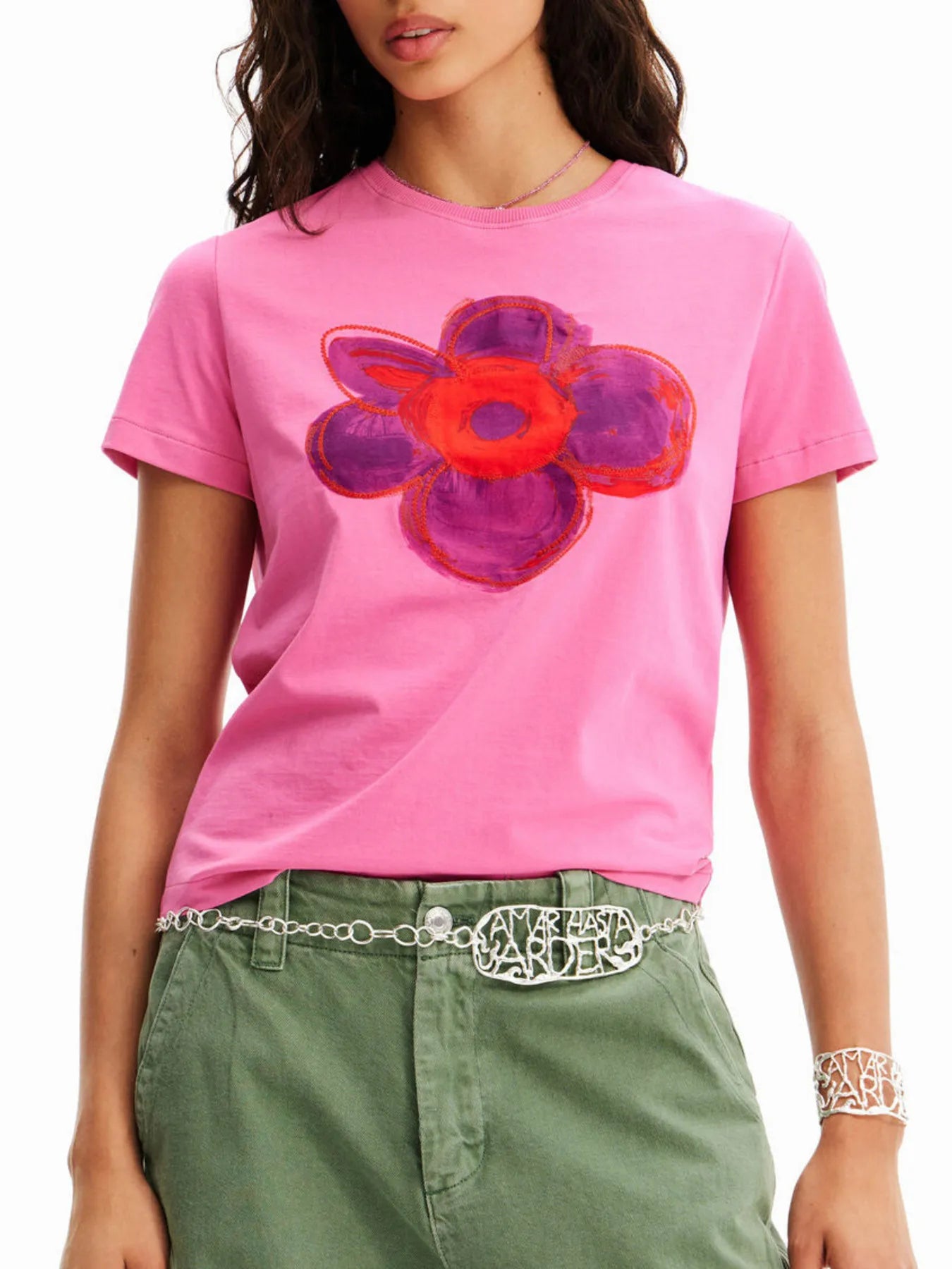 Flower Graphic Round Neck T-Shirt Pink OutfitFlow