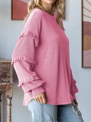Ruffle Trim Long Sleeve Ribbed Top OutfitFlow