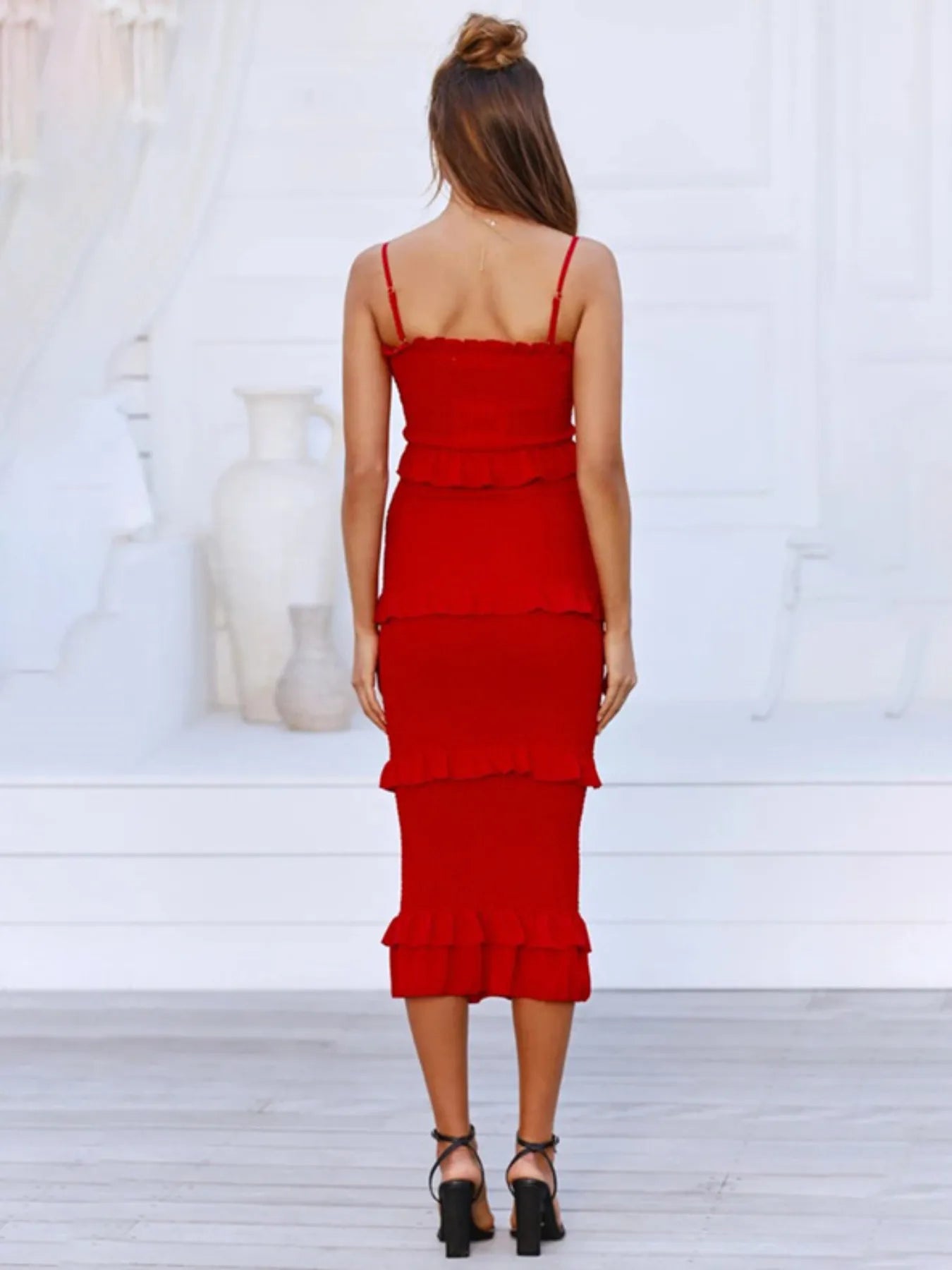 Smocked Ruffled Midi Cami Dress OutfitFlow