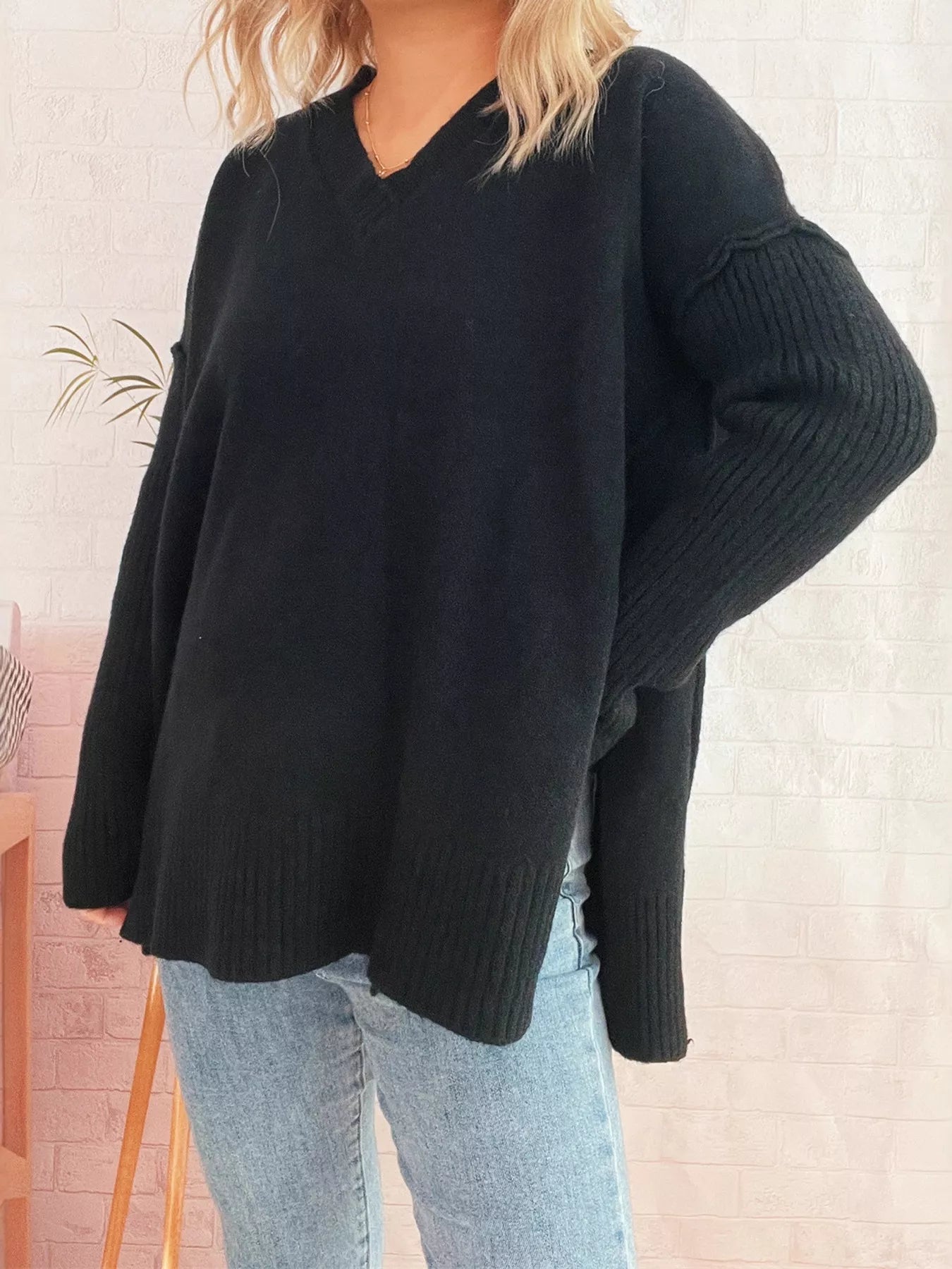 V-Neck Dropped Shoulder Sweater OutfitFlow