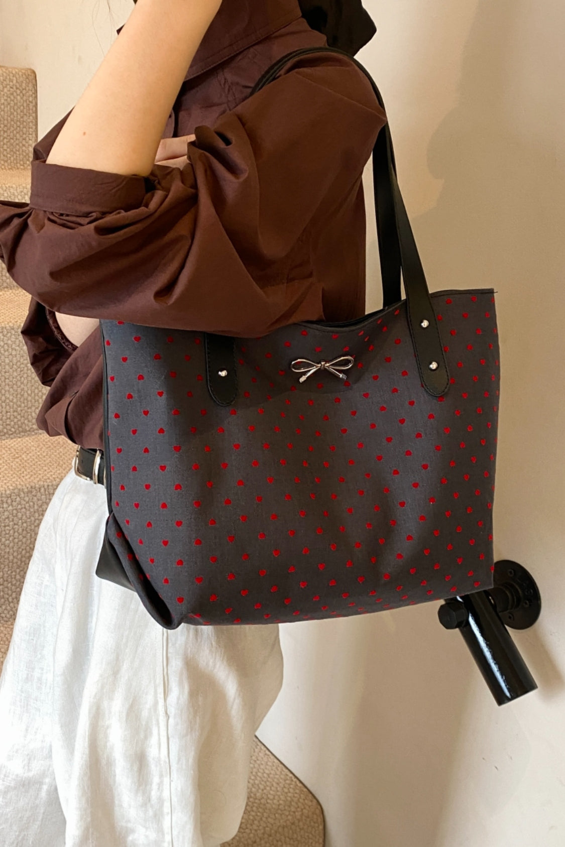 Outfit Flow - Polyester Bow Polka Dot Tote Bag