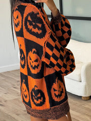 Exposed Seam Pumpkin Round Neck Long Sleeve Sweater OutfitFlow