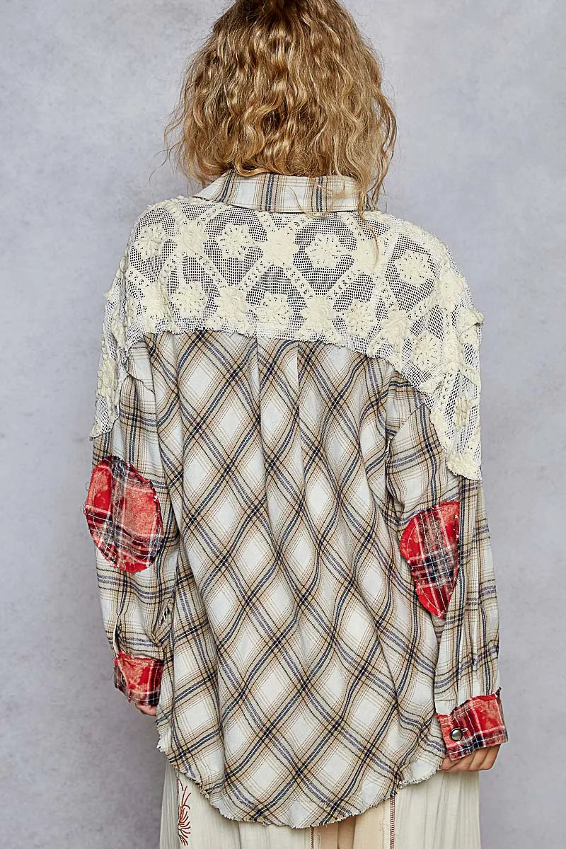 POL Lace Patchwork Plaid Oversized Shirt OutfitFlow