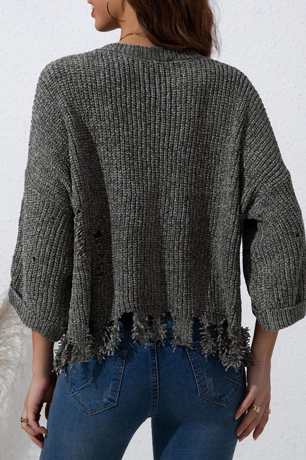 Outfit Flow - Distressed Round Neck Drop Shoulder Sweater