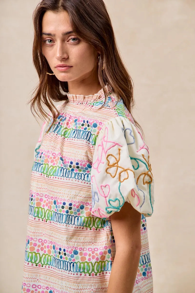 BiBi Ruffle Neckline Blouse With Embroidery Bubble Sleeve OutfitFlow