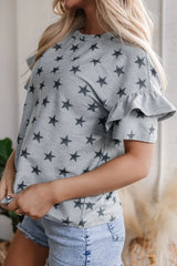 Star Print Tiered Ruffled Sleeve Crew Neck T Shirt OutfitFlow
