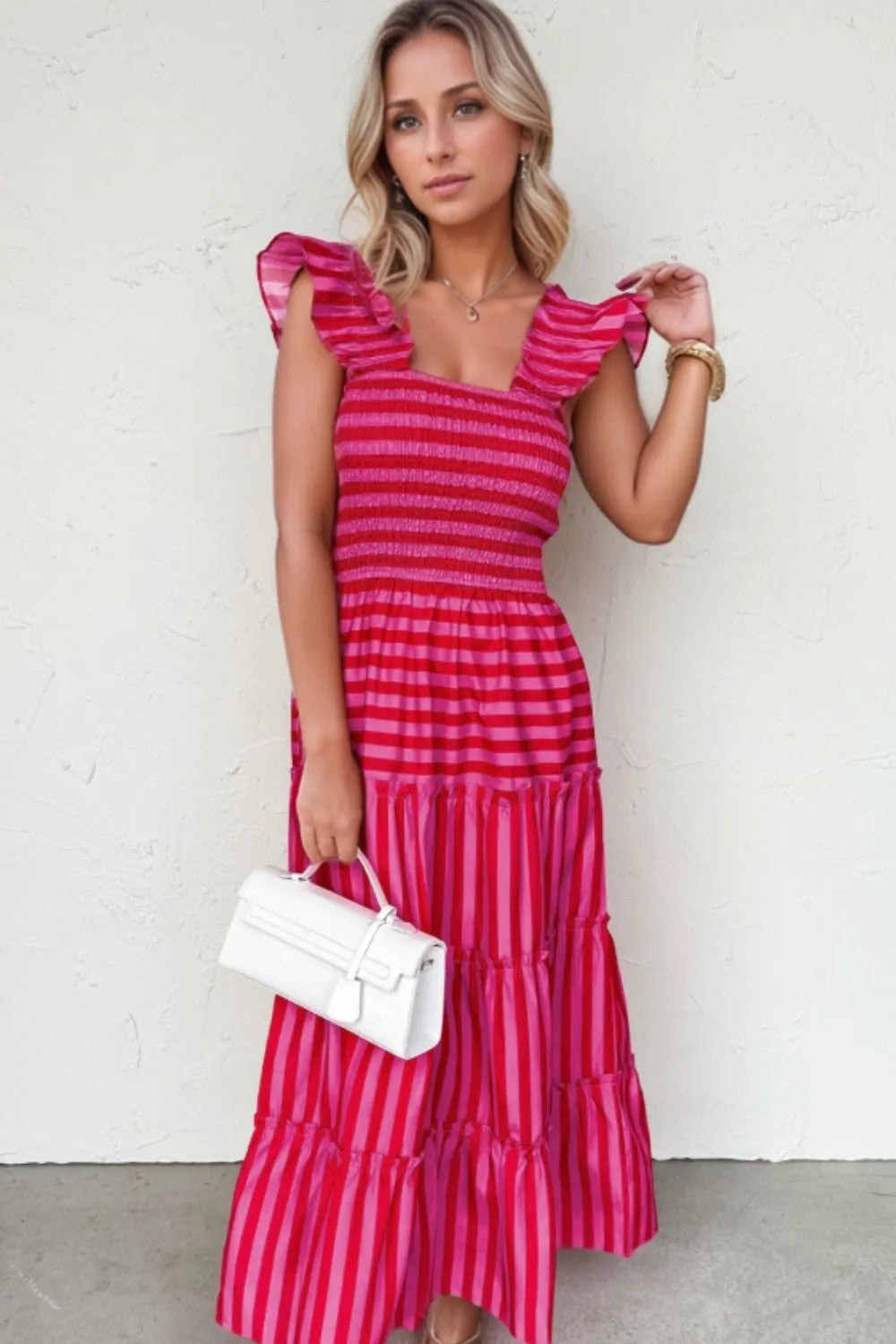 Stripe Flutter Sleeve Smocked Bodice Tiered Maxi Dress OutfitFlow