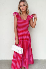 Stripe Flutter Sleeve Smocked Bodice Tiered Maxi Dress OutfitFlow