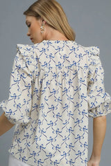 Umgee Ruffled Bow Print Notched Blouse OutfitFlow