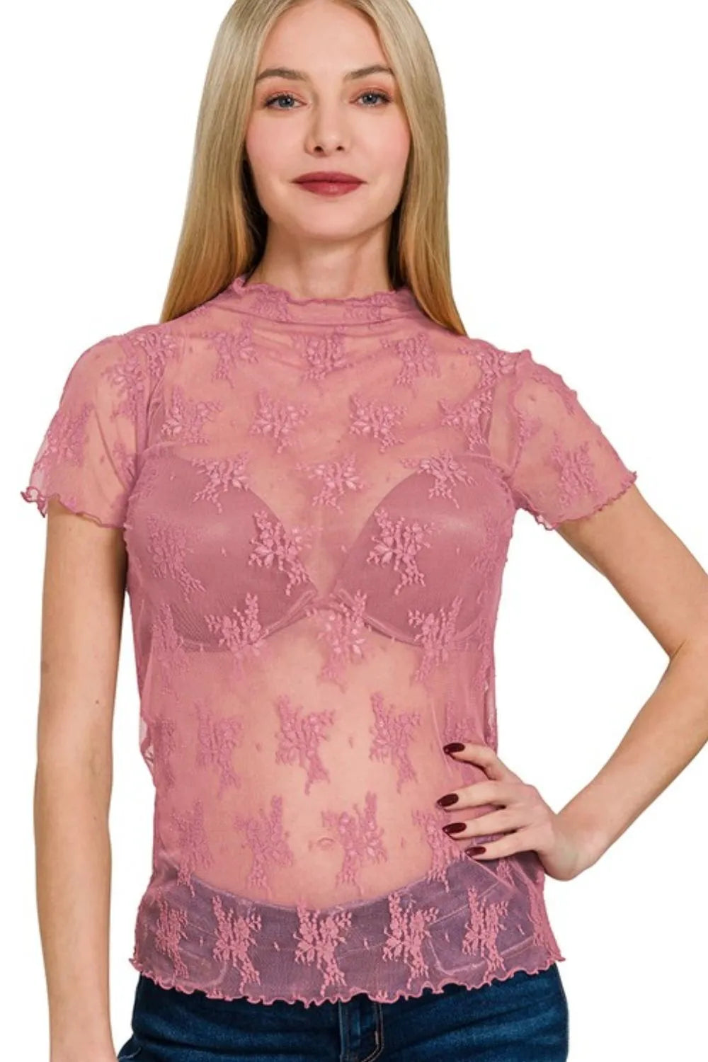 Zenana Lace See-through Layering Short Sleeve Top OutfitFlow