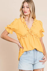Lime 'N' Chili Solid Ruffled Deep V-Neck Puff Sleeve Babydoll Top OutfitFlow
