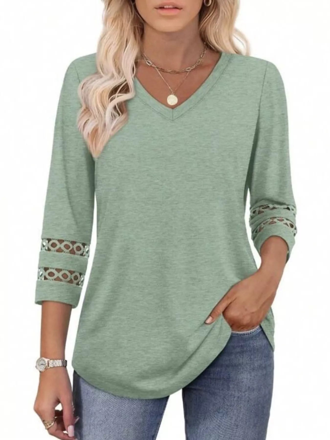 Full Size V-Neck 3/4 Sleeve T-Shirt Plus Size Light Green OutfitFlow