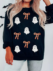 Halloween Ghost Bow Sequin Patched Drop Shoulder Sweatshirt OutfitFlow