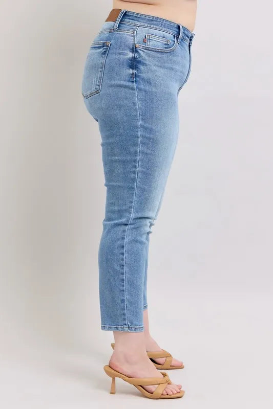 Judy Blue Full Size Mid Rise Vintage Wash Slim Jeans with Cell Phone Pocket Plus Size OutfitFlow