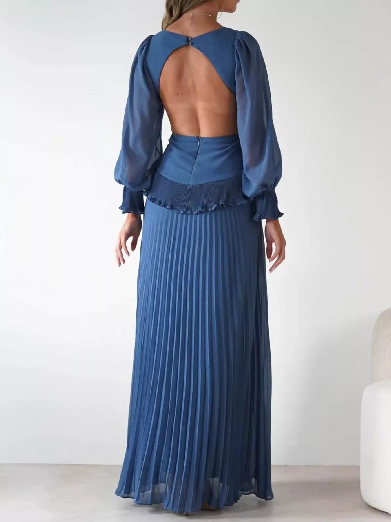Backless Pleated Long Sleeve Maxi Dress OutfitFlow