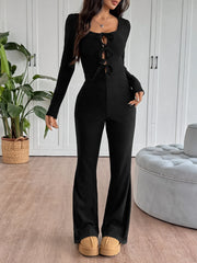 Tie Front Long Sleeve Flare Jumpsuit OutfitFlow