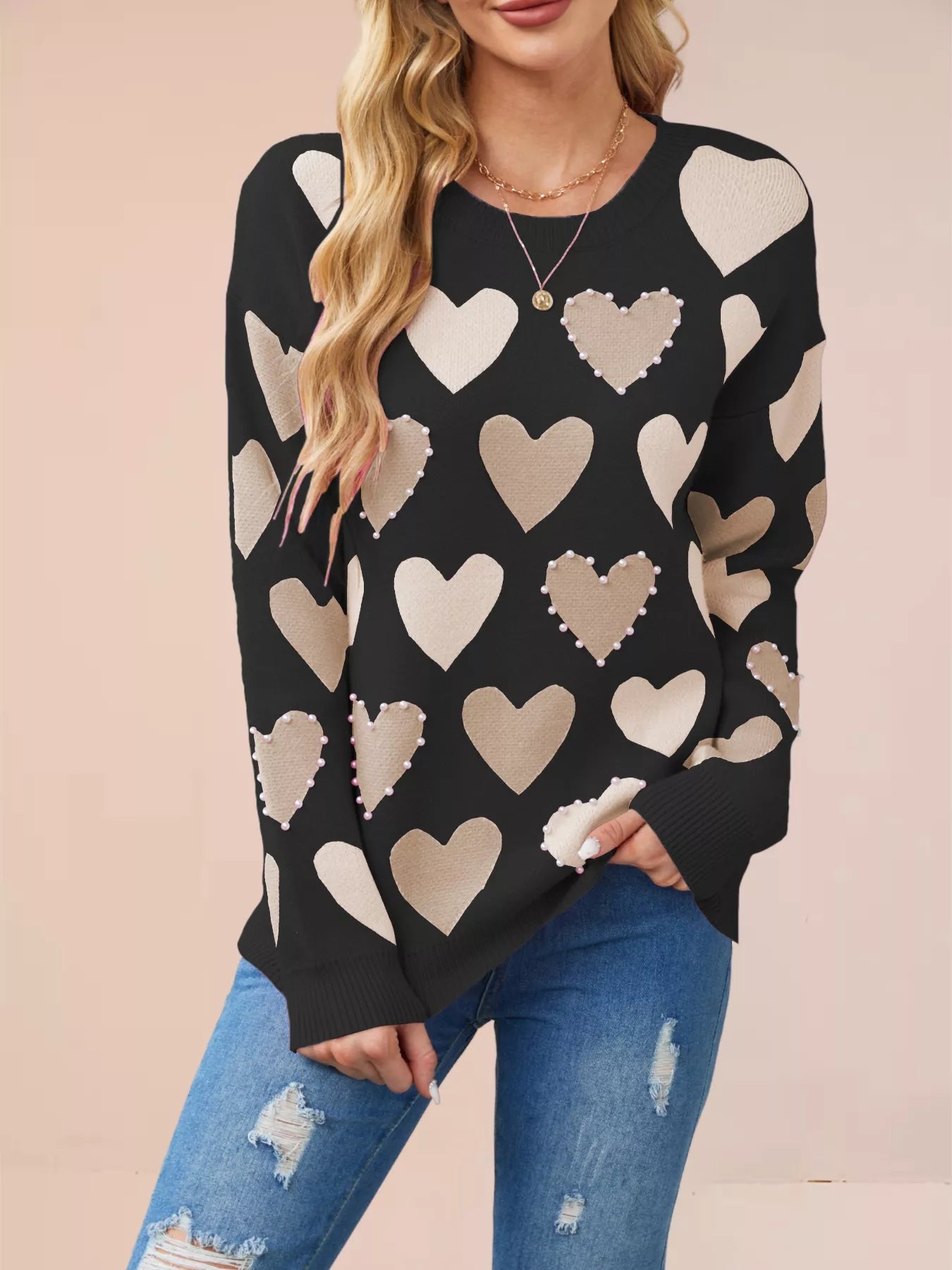 Heart Pattern Beaded Round Neck Sweater OutfitFlow